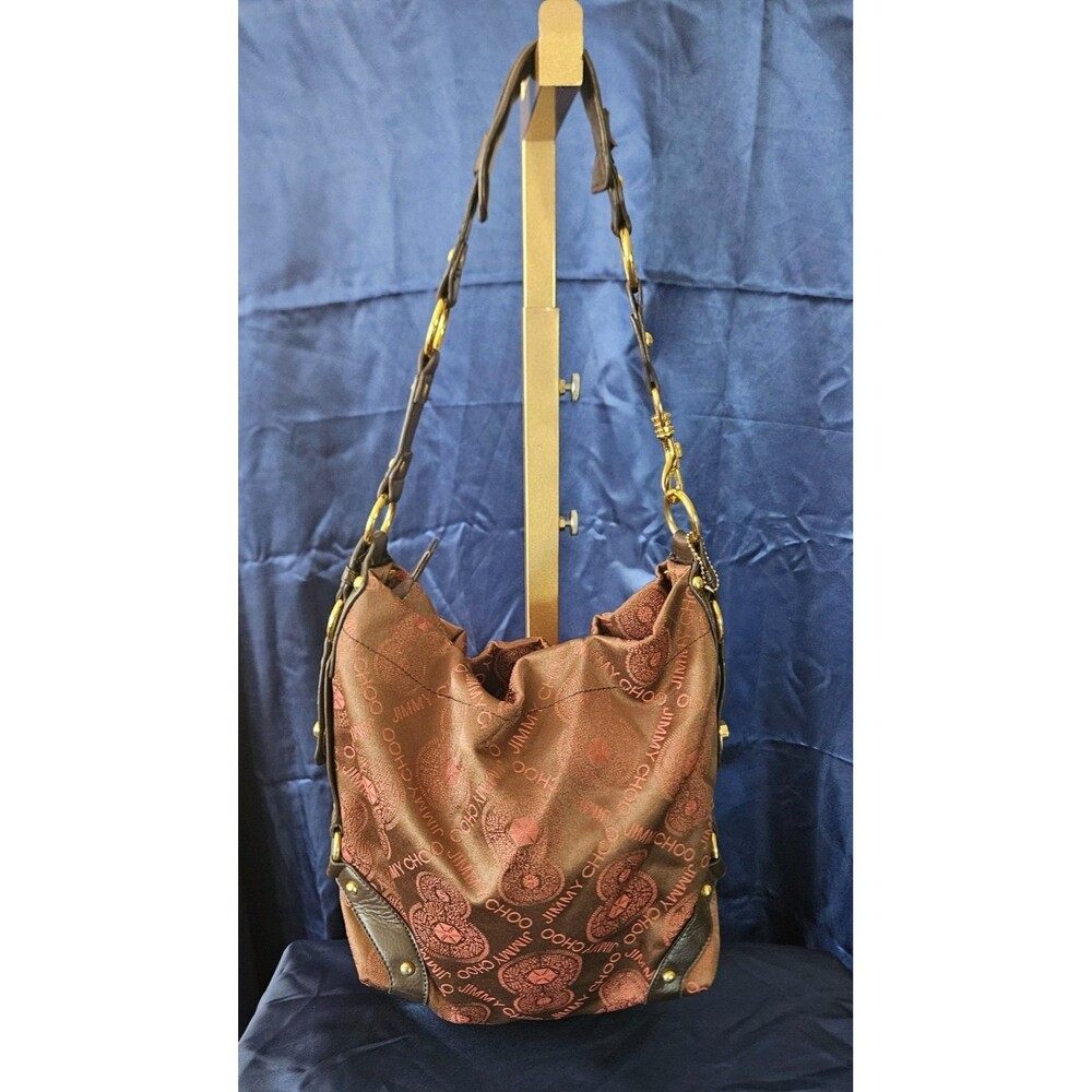 JIMMY CHOO VINTAGE NYLON BAG BRN/PINK WITH LEATHER STRAPS AND GOLD HARDWARE